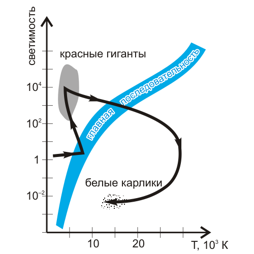 Эволюционная траектория звезды на диаграмме «температура-светимость»